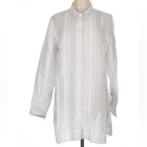 Garnet Hill Size Medium 100% Linen White and Blue Striped Button-Up Tunic Shirt